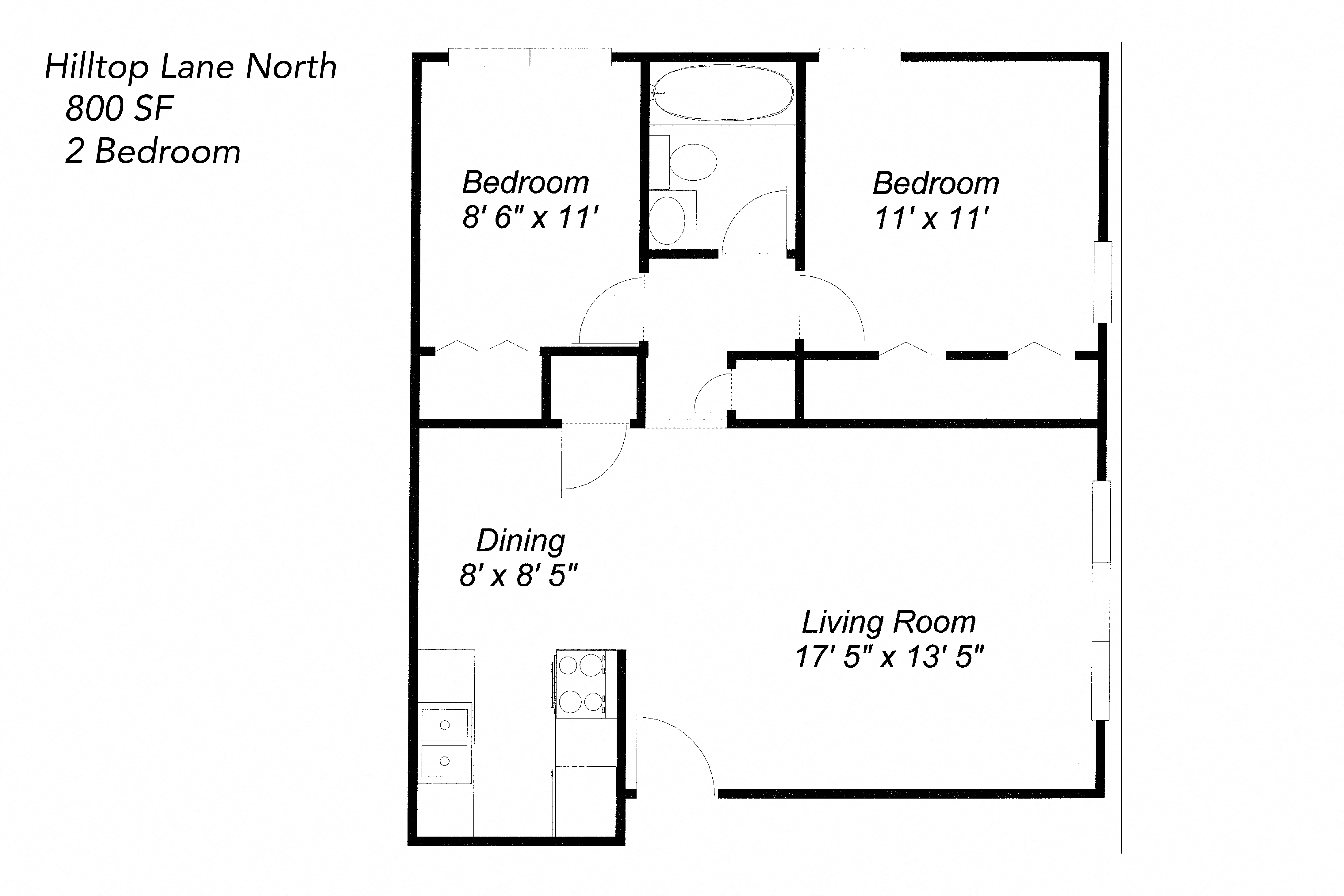 Floor plan for 2 beds, 1 bath, 800 sqft
